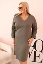 Damenkleid Plus Size in Butterfarbe mit V-Ausschnitt und Ärmeln in Khaki