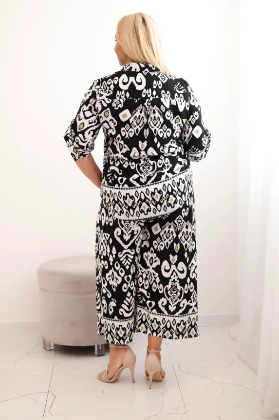 Dámská plus size viskózová souprava s geometrickým potiskem černý