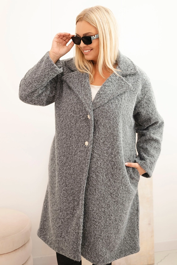 Dámský kabát Plus Size s vlnou a velkým límcem šedý