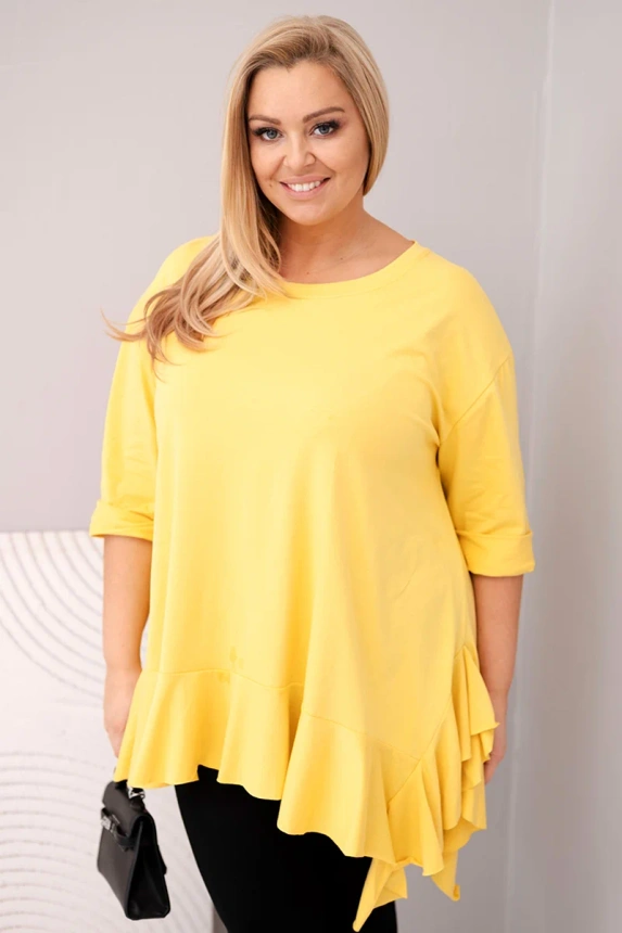 Women's Plus Size blouse with cotton, featuring ruffles and rolled-up sleeves yellow