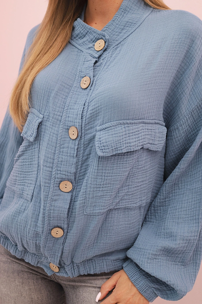 Moteriška džinsinė marškiniai su ilgomis rankovėmis mušelino mėlyna