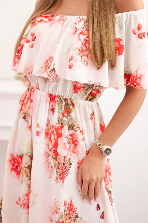 Women's dress with a frill and bare shoulders with flowers red
