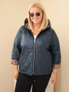 Dámska bunda Plus Size s kapucňou a leopardím lemovaním modrá