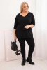 Plus Size women's cotton blouse with a V-neck and rolled-up sleeves black