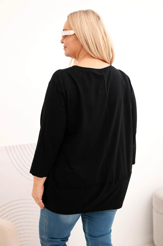Women's Plus Size cotton blouse with decorative buttons and rolled-up sleeves black