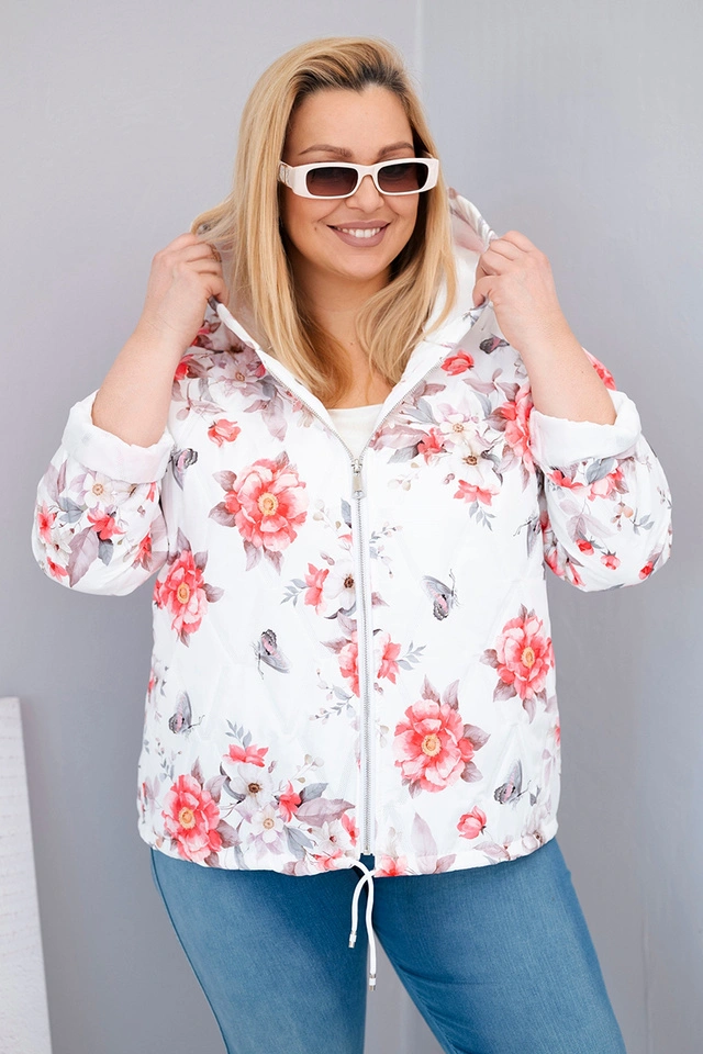 Damen Frühlingsjacke gesteppte Plus Size mit Kapuze und Blumenmuster weiß