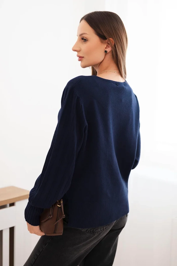 Women's viscose sweater with long sleeves and side slits navy blue