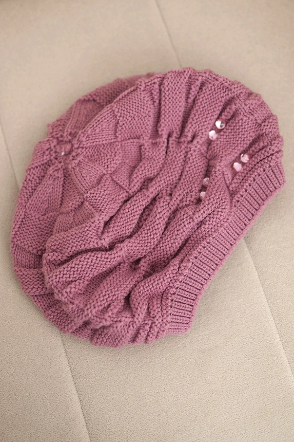 Women's winter hat with decorative braid and crystals K398 purple