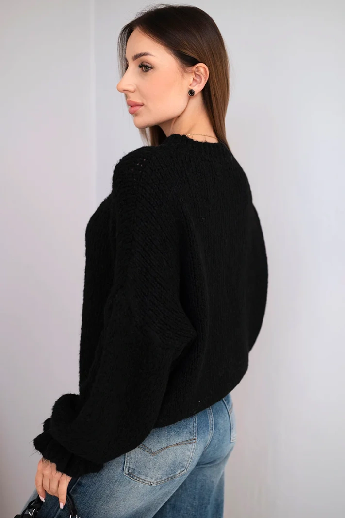 Women's sweater with mohair blend, thick knit and decorative sleeves black