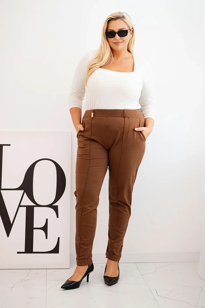 Dámske bavlnené nohavice Plus Size s elastickým pásom camelové