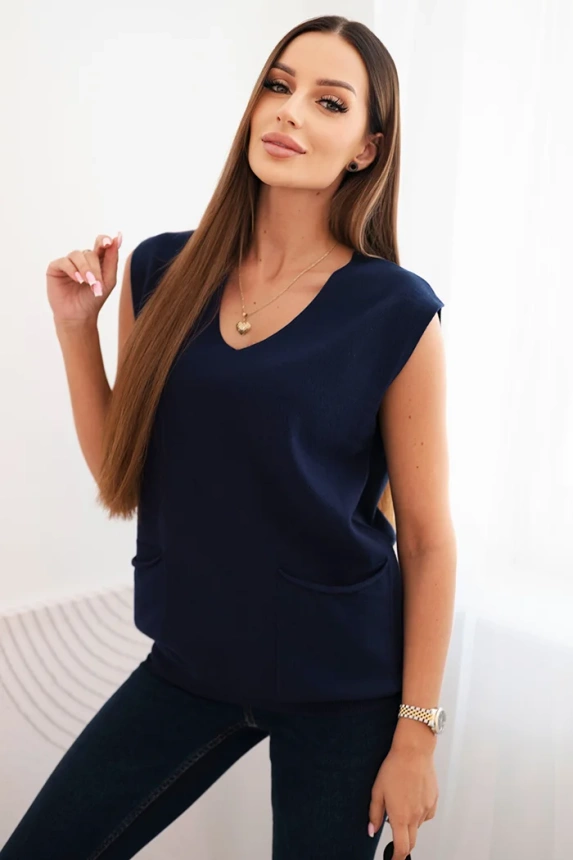 Women's sleeveless viscose sweater with pockets and a V-neck navy blue