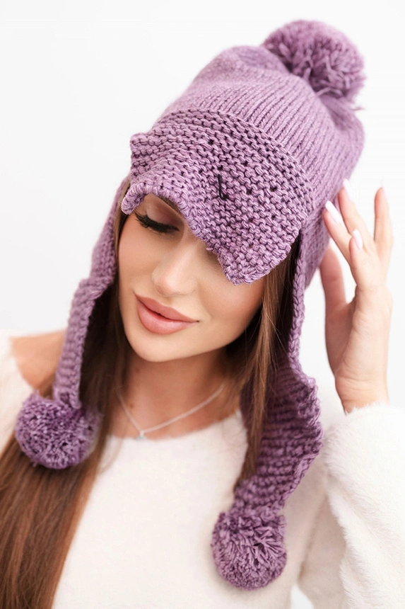 Damenwintermütze mit Wolle, mit Schirm und Pompons K475 lila