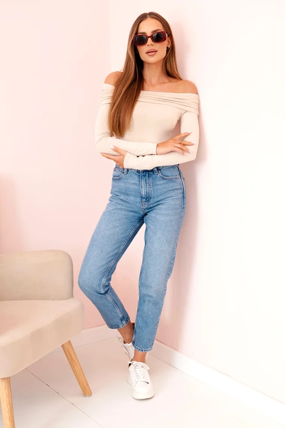 Women's long-sleeved bodysuit blouse with bare shoulders beige