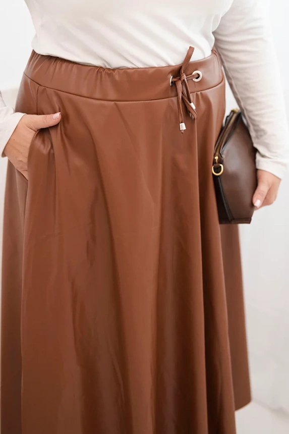 Women's Plus Size faux leather skirt with elastic and drawstring at the waist camel