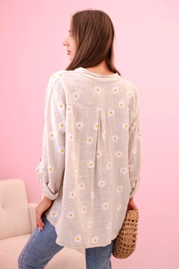 Leinen Damenbluse mit Blumenmuster, langen Ärmeln und Knöpfen beige + weiß