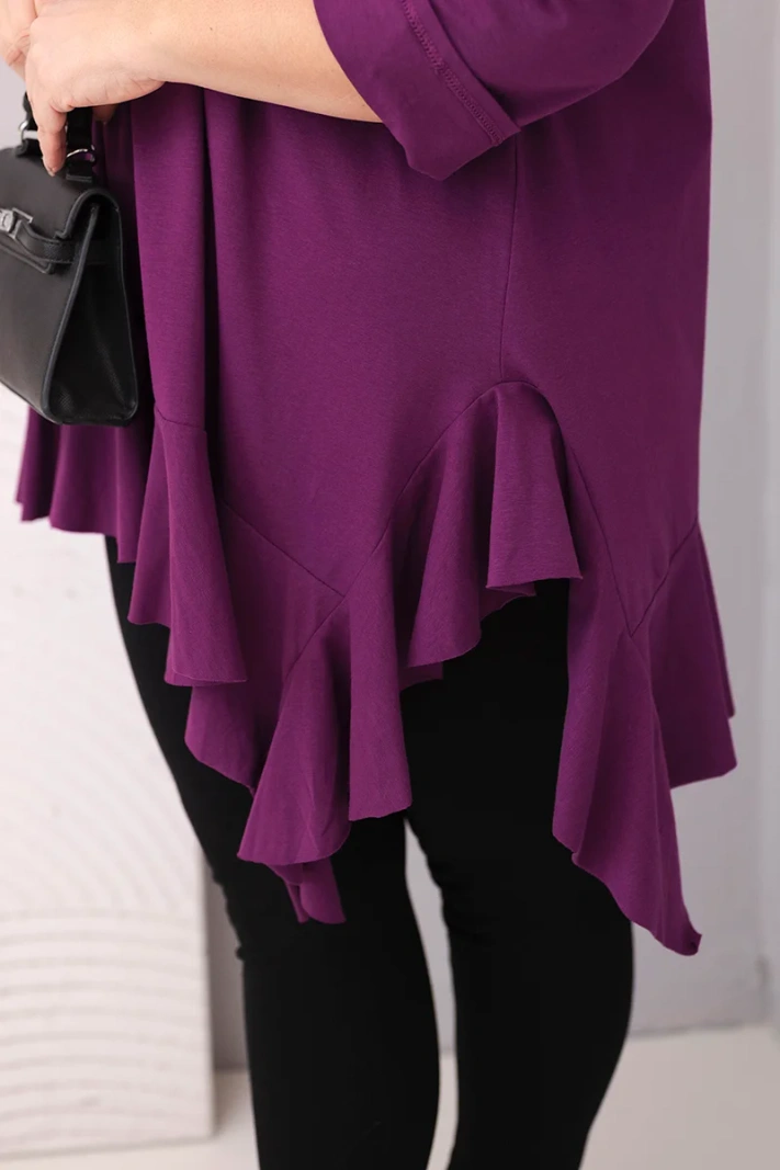 Damenbluse Plus Size aus Baumwolle mit Rüsche und umgeschlagenem Ärmel dunkelviolett