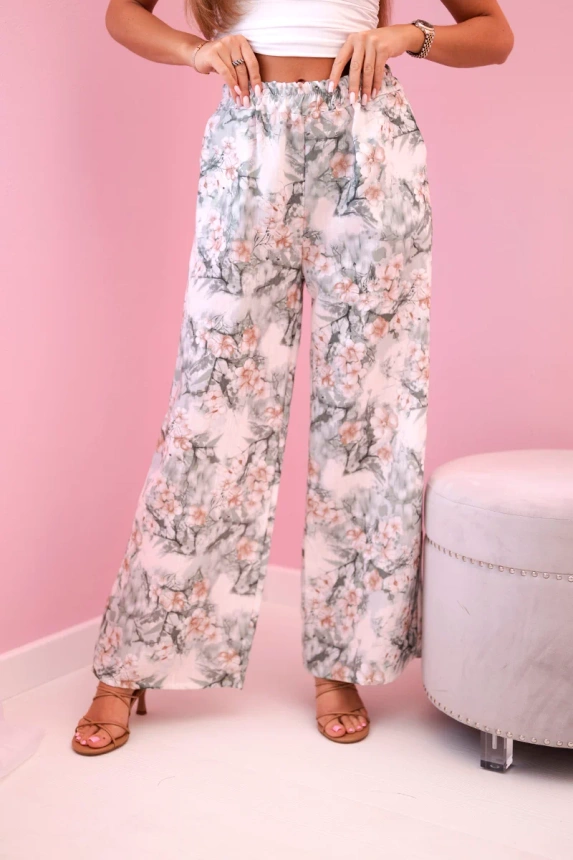 Women's wide-leg trousers with floral print dark mint