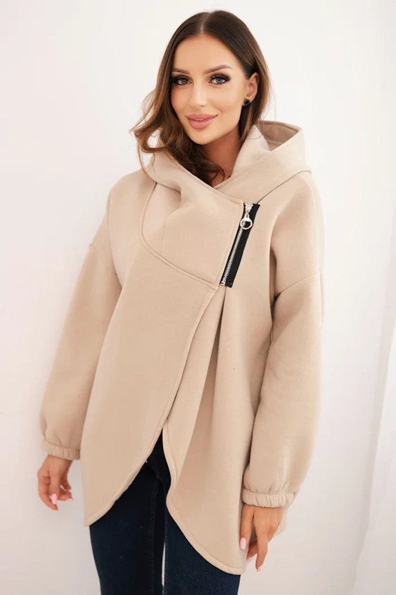 Damenpullover mit Kapuze und asymmetrischem Reißverschluss beige