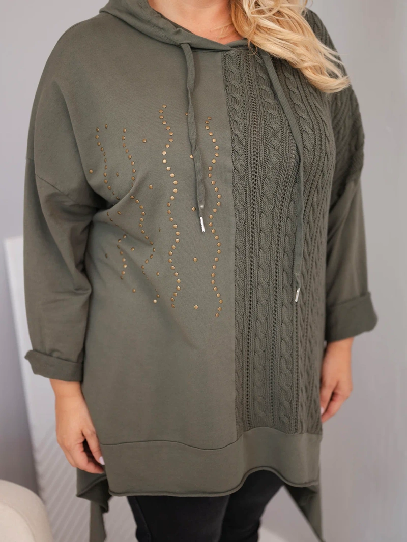 Dámská bavlněná mikina Plus Size s kapucí a pleteným panelem khaki