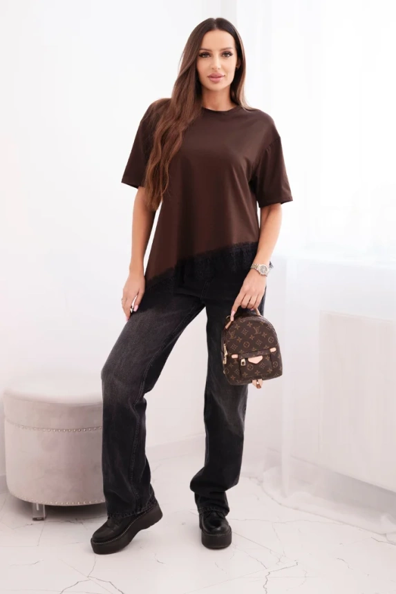 Women's cotton asymmetric blouse with lace at the bottom brown