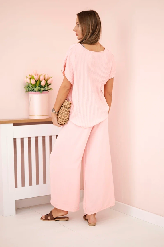 Viskose-Set plissierte Bluse + Hose puderrosa