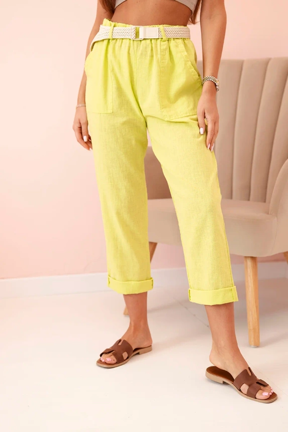 Damen Leinen-Baumwollhose mit Gürtel kiwi