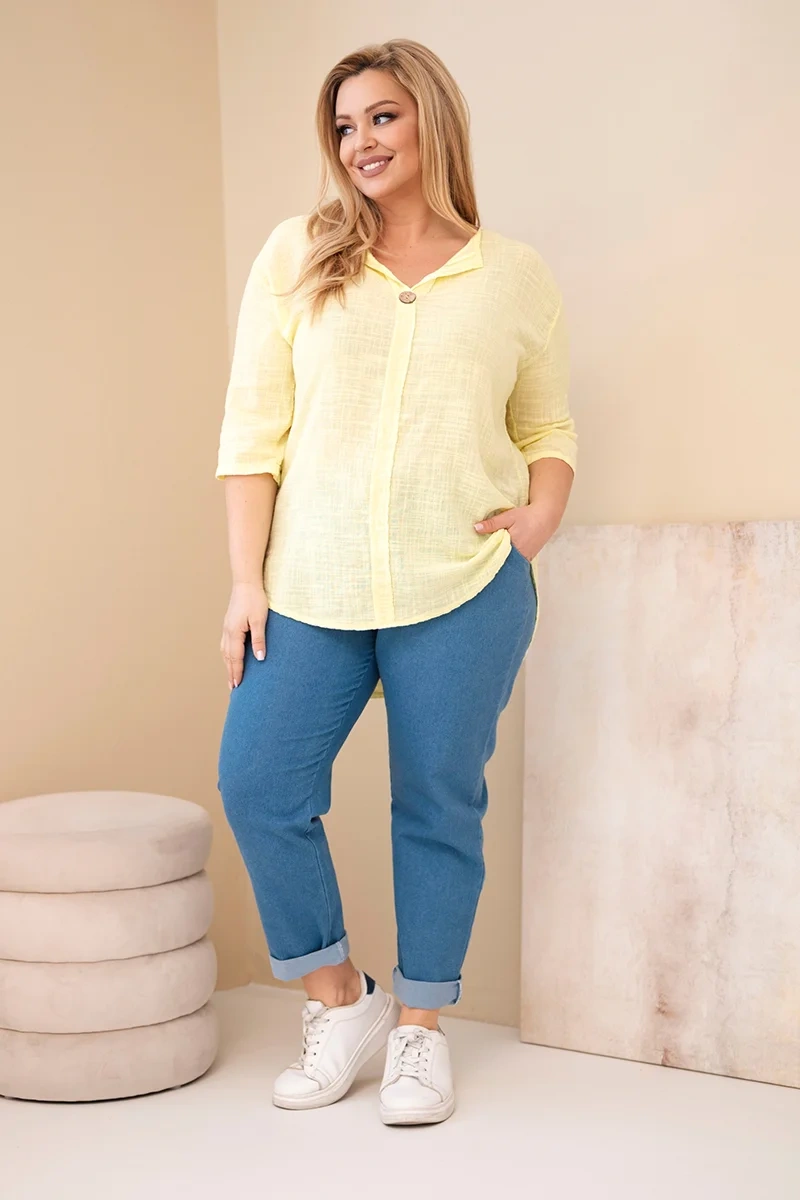 Bluzka damska bawełniana Plus Size z dekoltem na guziki żółta