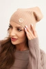 Women's ribbed hat with a decorative button made of viscose and modal camel