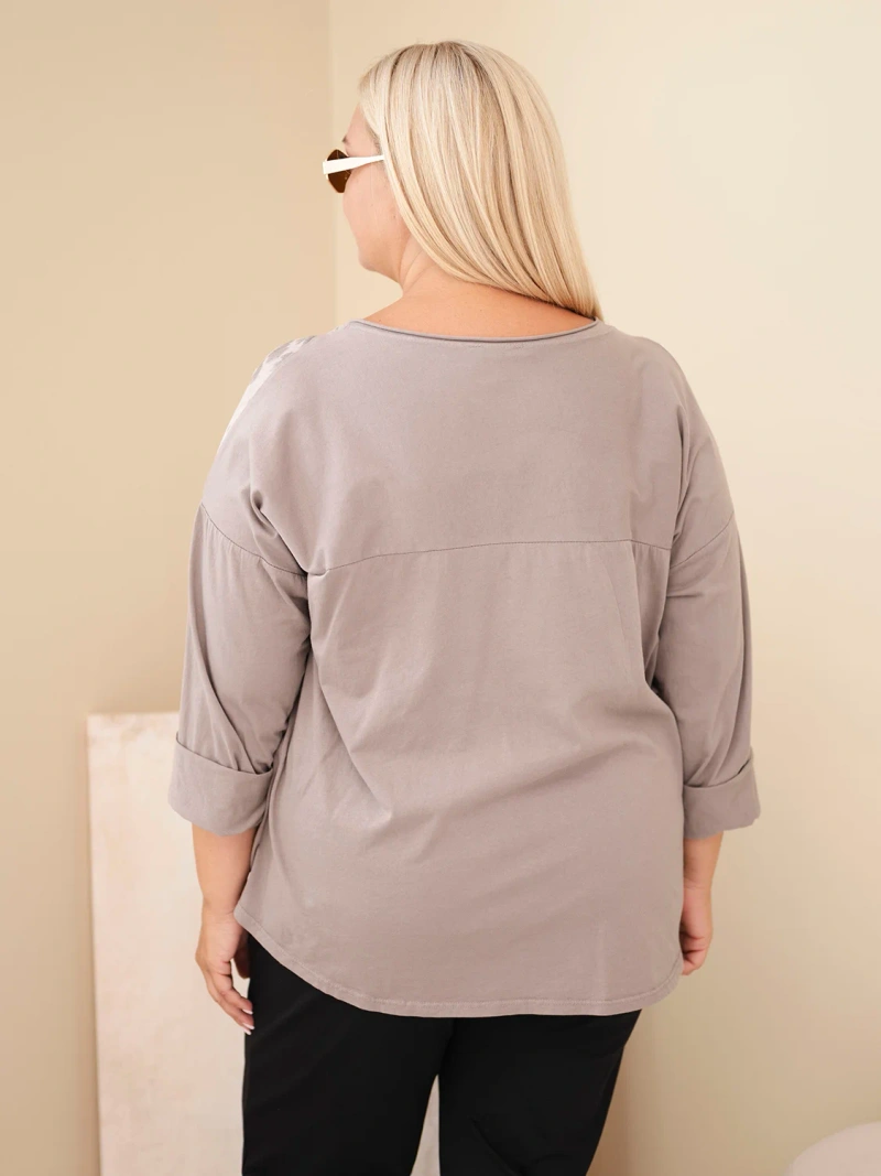 Damen Baumwollbluse Plus Size mit Aufdruck und U-Ausschnitt fango braun