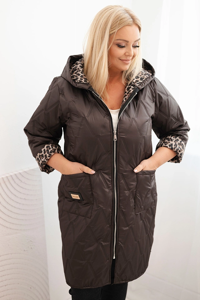 Dámska zimná prešívaná bunda Plus Size s podšívkou v leopardom vzore a kapucňou hnedá