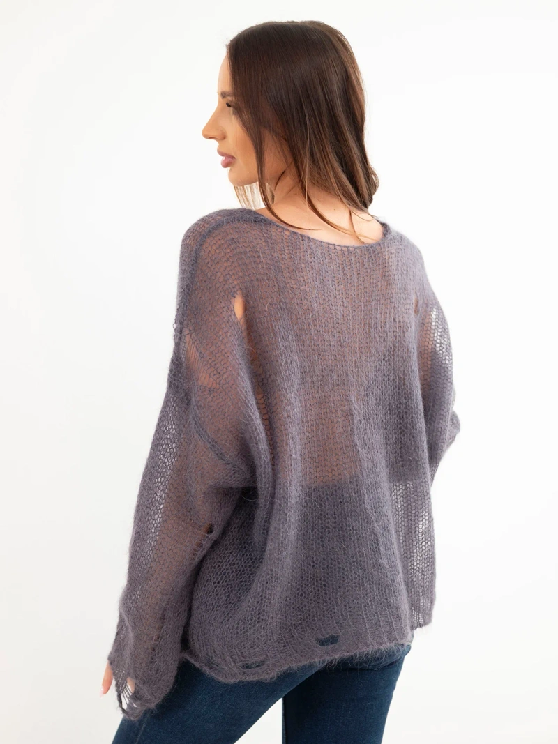 Damenpullover aus 70% Kid-Mohair mit Knöpfen und Used-Effekt grafitfarben