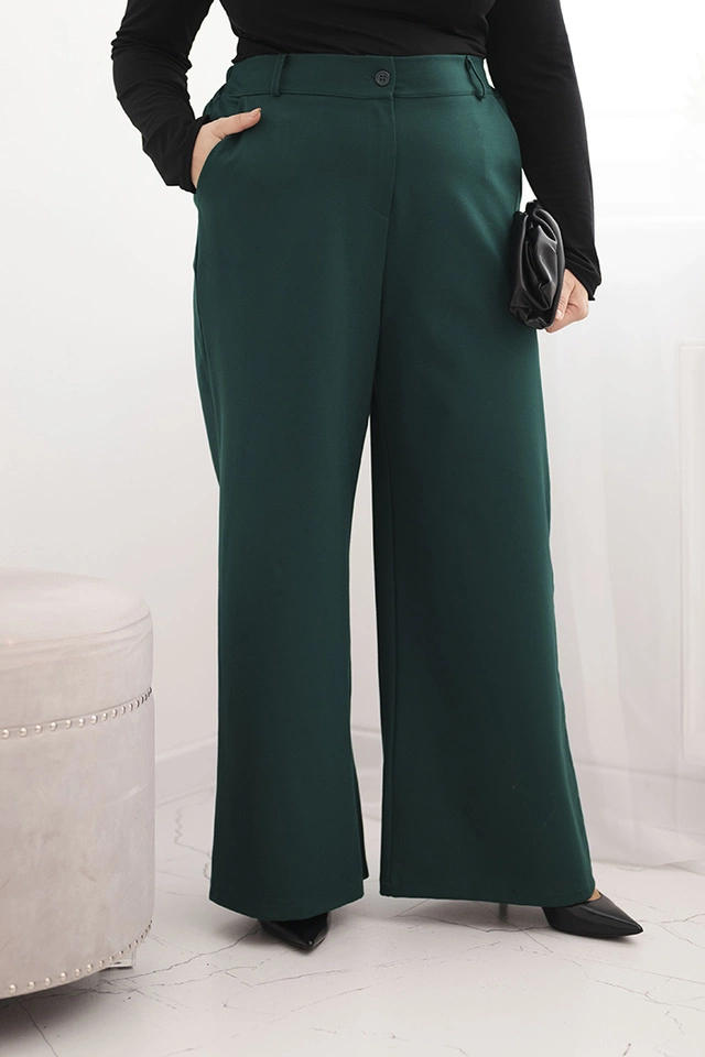 Spodnie damskie Plus Size z szeroką nogawką i elastycznym pasem ciemno zielone