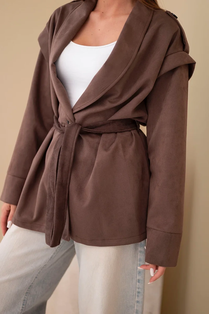 Women's suede viscose coat with belt and epaulettes brown