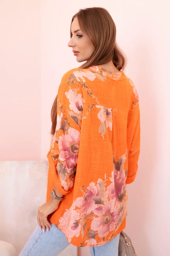 Women's cotton blouse with a floral pattern and buttons - orange