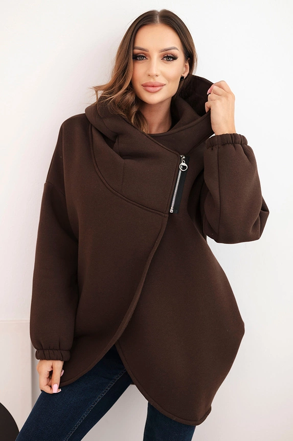 Damenpullover mit Kapuze und asymmetrischem Reißverschluss braun