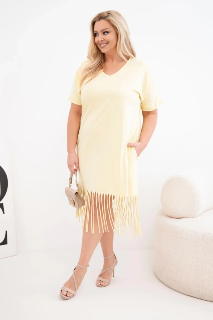 Damen-Baumwollkleid mit V-Ausschnitt und Fransen Plus-Size gelb