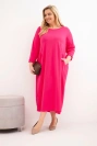 Damenkleid Plus Size aus Baumwolle mit langen Ärmeln und Raffung in der Taille fuchsia