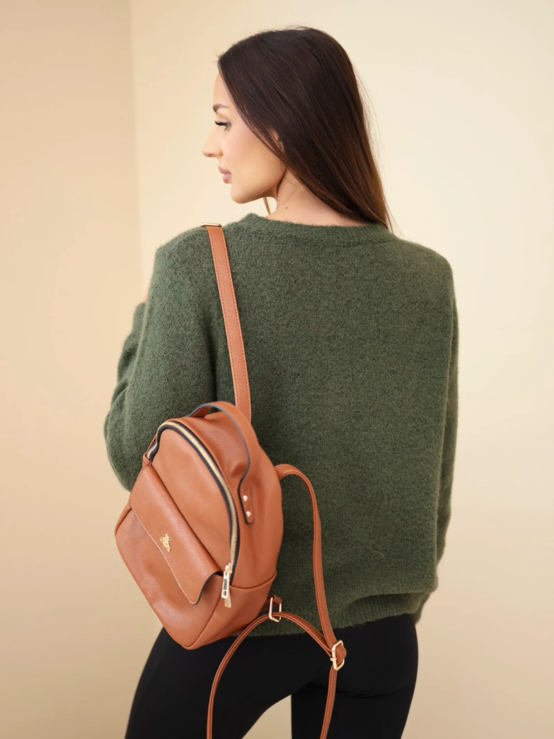 Women's sweater with a dachshund pattern and a round neckline khaki
