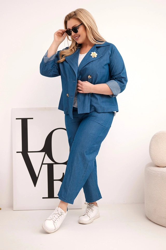 Plus Size women's cotton set with a blazer and pants dark denim