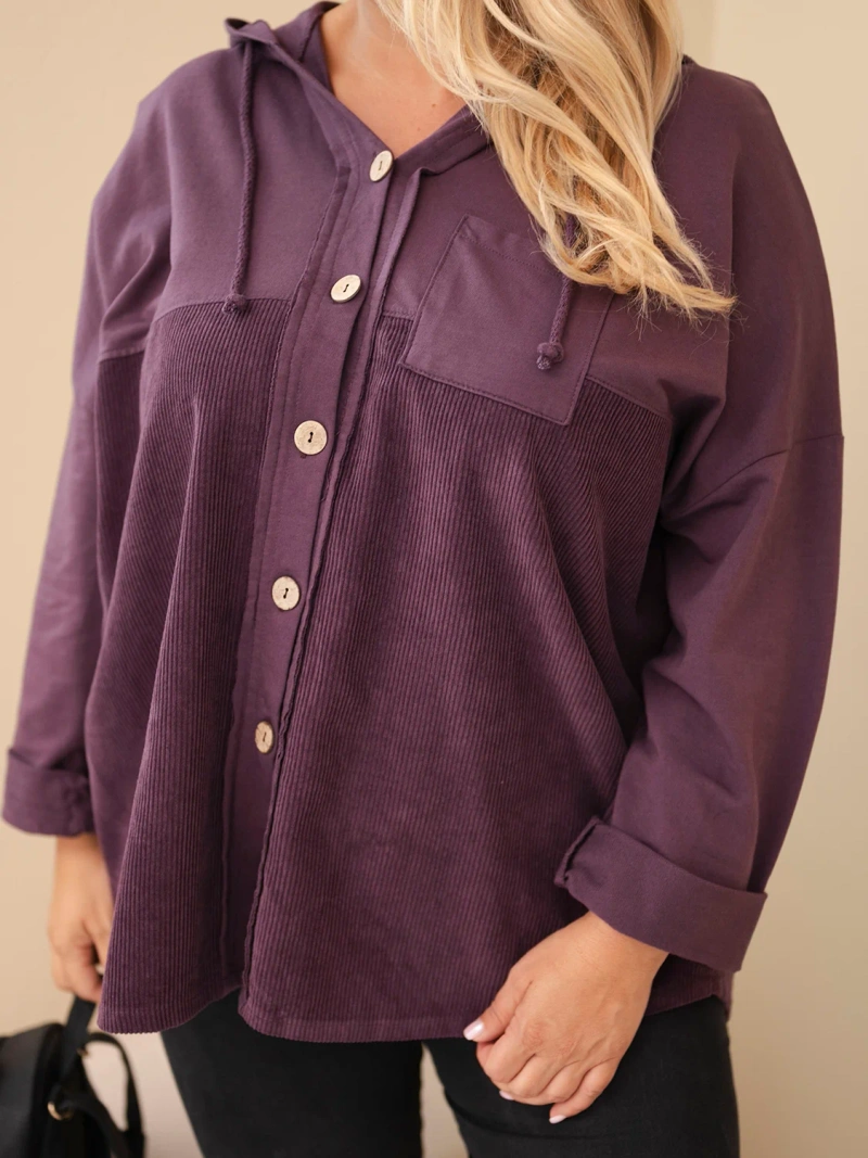 Dámska bavlnená mikina Plus Size s kapucňou a gombíkmi tmavofialová
