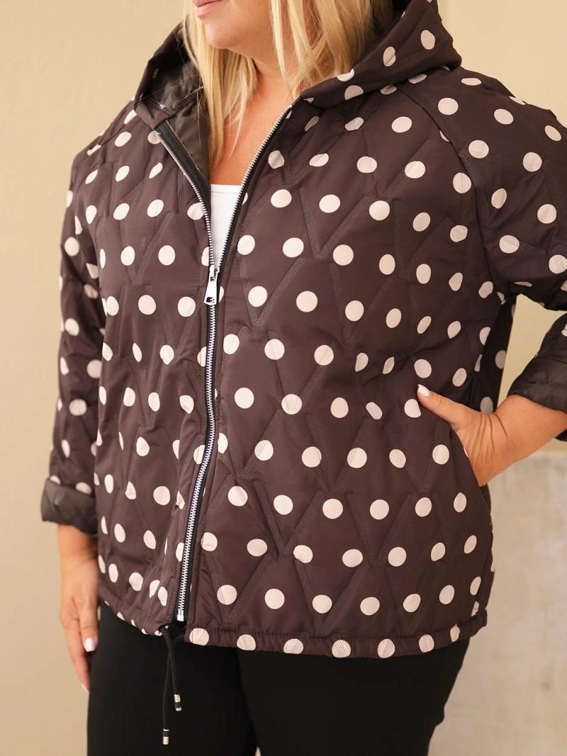 Plus Size women's jacket with polka dots and hood brown