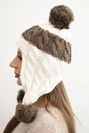 Women's winter wool hat with pom-poms and earflaps K447 ecru + mocca