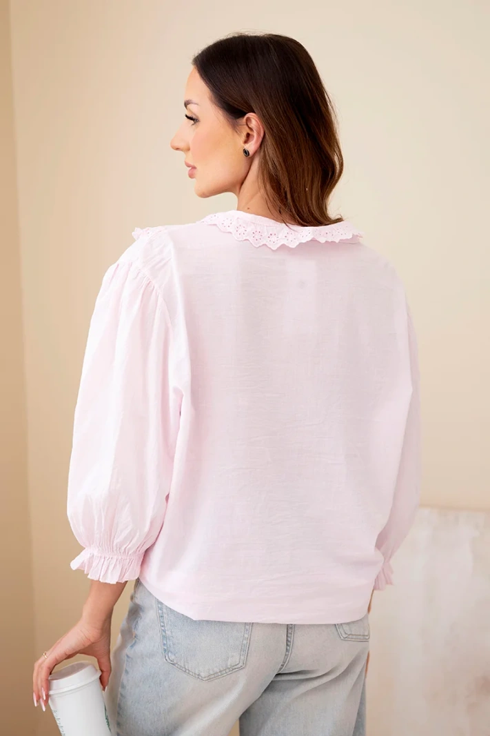 Women's cotton shirt with lace and tie candy pink