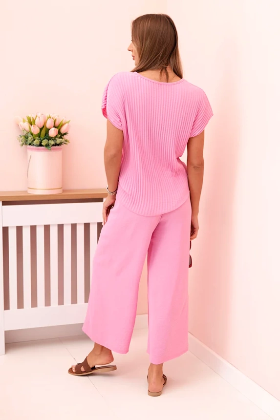 Viscose set pleated blouse + trousers candy pink