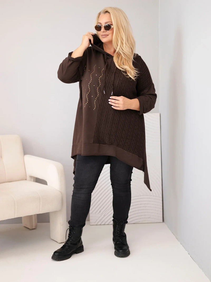 Plus Size women's cotton hoodie with a hood and a braided insert brown
