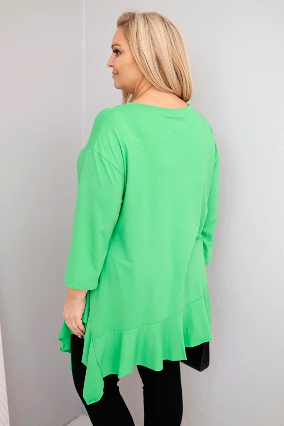 Dámská blůza Plus Size s bavlnou, volánem a ohrnutým rukávem světle zelená
