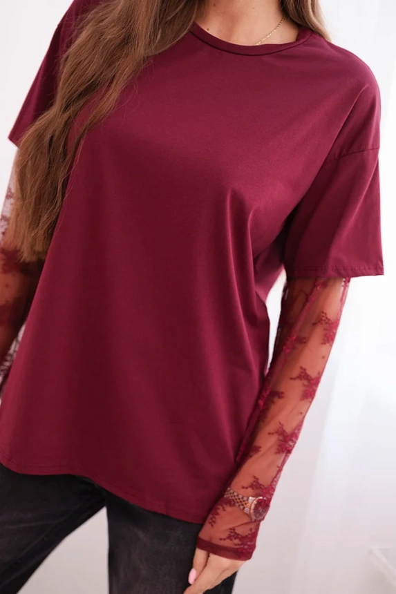 Women's cotton blouse with lace sleeves maroon