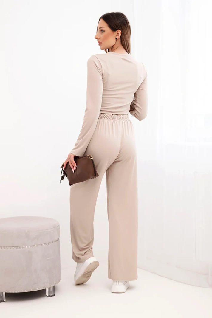 Women's viscose set with a blouse and wide pants beige