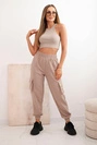 Women's cotton cargo pants with pockets and chain beige