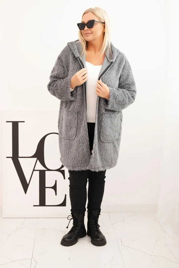 Damen Plus Size Mantel aus Viskose mit Reißverschluss und Kapuze grau